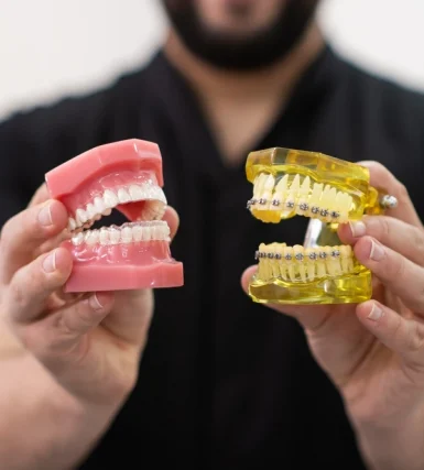 The Banyule Dental dentist demonstrating devices for teeth straightening